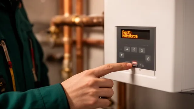 Vinger drukt op de ontstoringstoets van een ketelbedieningspaneel