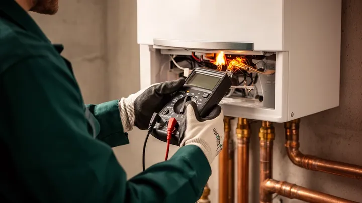 Technieker meet met een multimeter in een geopende wandketel